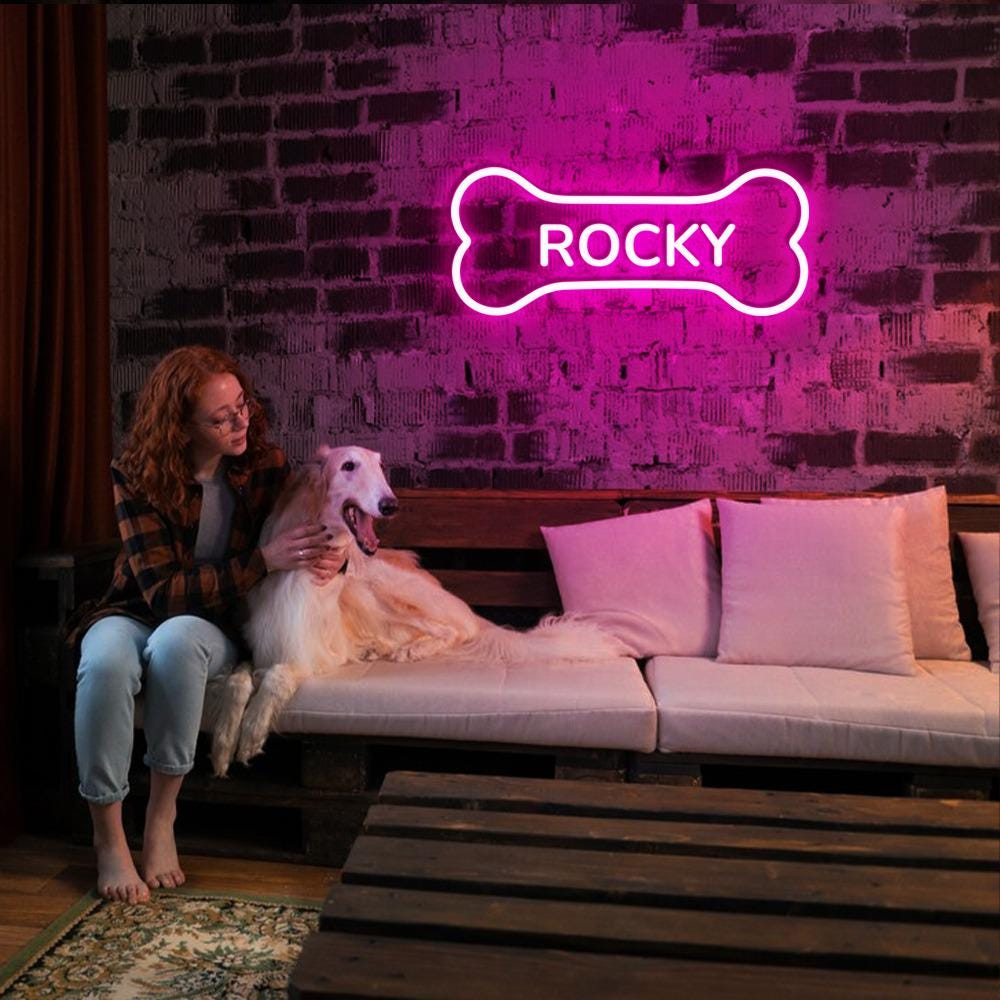 Personalized Neon Bone, Pets Name Neon, Personalized Dog or Cat Name Plaque for Pet House, Crate, Kennel, or Feeding Area, Dog Lover Gifts