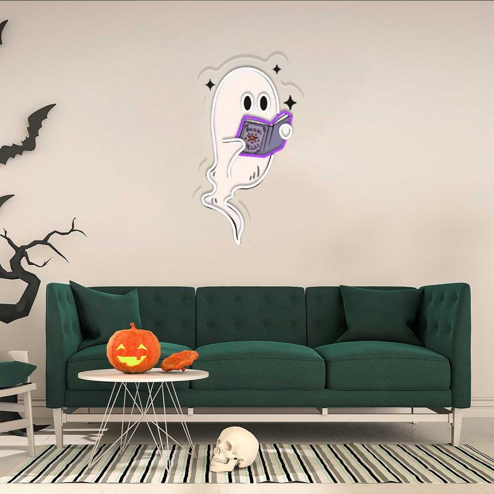 Ghosts Reading Books Neon Sign, Books Lover Ghost Gift, Cute Little Ghost Neon, Womens Halloween Neon, Spooky Season Neon, Fall Graphic Neon