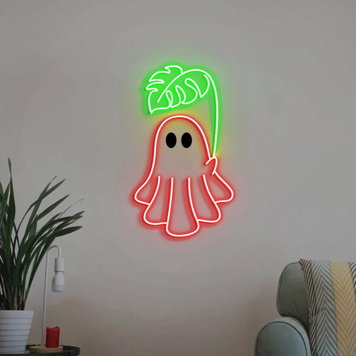 Cute Ghost Monstera Neon Sign, Cute Ghost Neon Light, Monstera Leaf Wall Art, Gifts for Plant Obsessed, Cute Plant Gifts