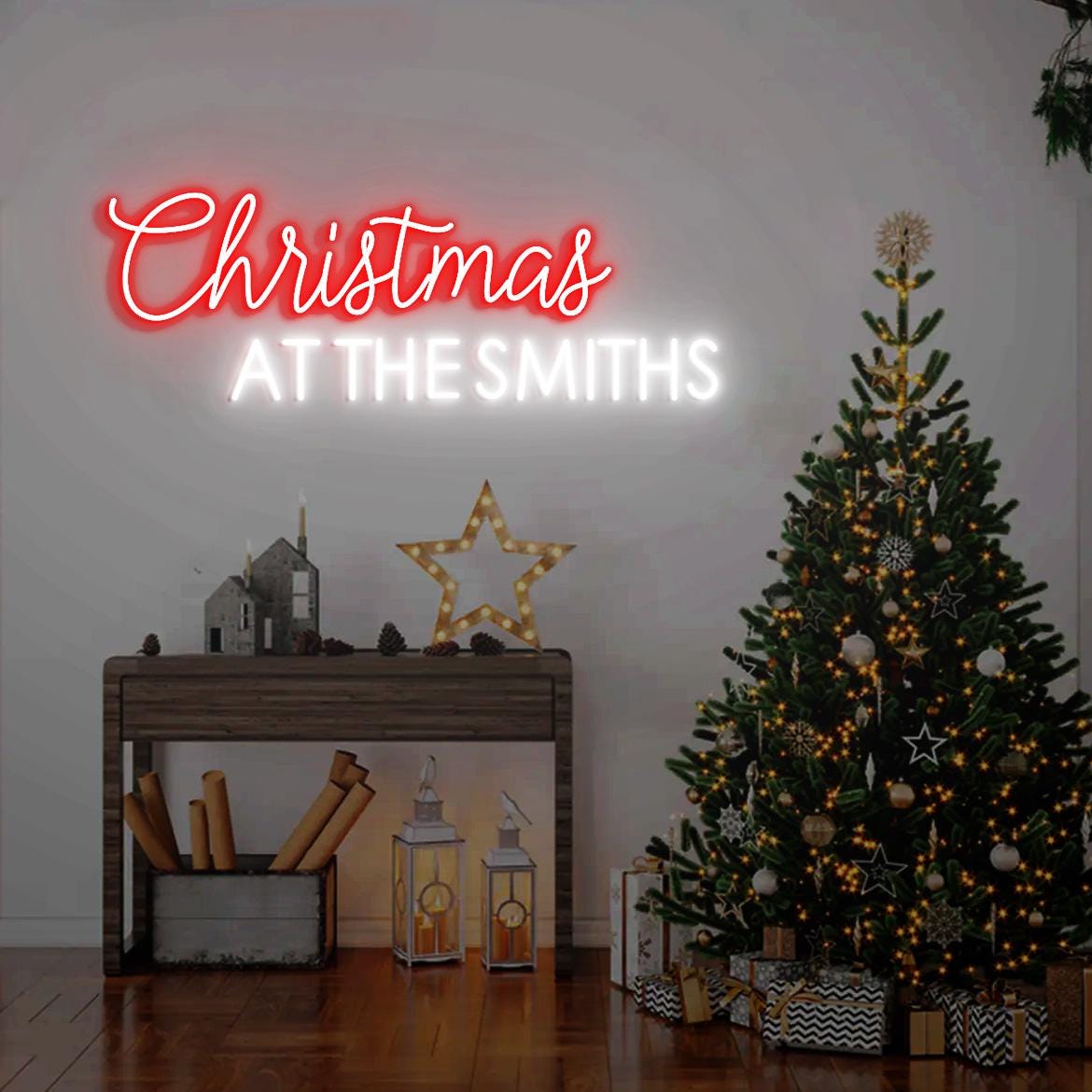 Christmas At The Name Sign Neon Light, Christmas Family Surname Sign, Custom Christmas Gift Idea, Xmas Decor Wall, Christmas Present Family