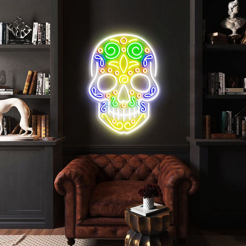 Sugar Skull Neon Light, Mexican Skull Decor, Mexican Bedroom Neon Lights, Sugar Skull Wall Decoration