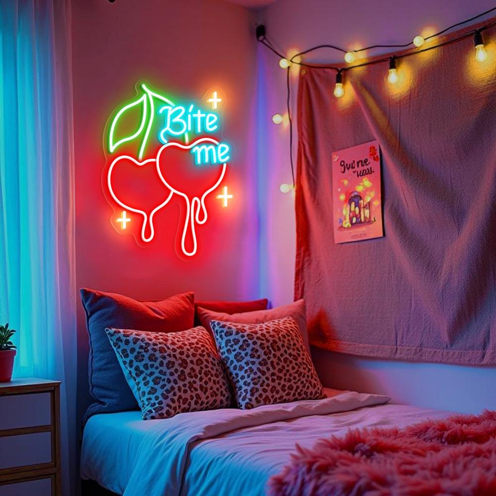 Bite Me Cherry Neon Sign, Dripping Cherry Neon Sign, Custom Neon Sign, Fruit Shop Wall Decor, Cherry Lover Gift, Cherry Led Light Fruit Sign