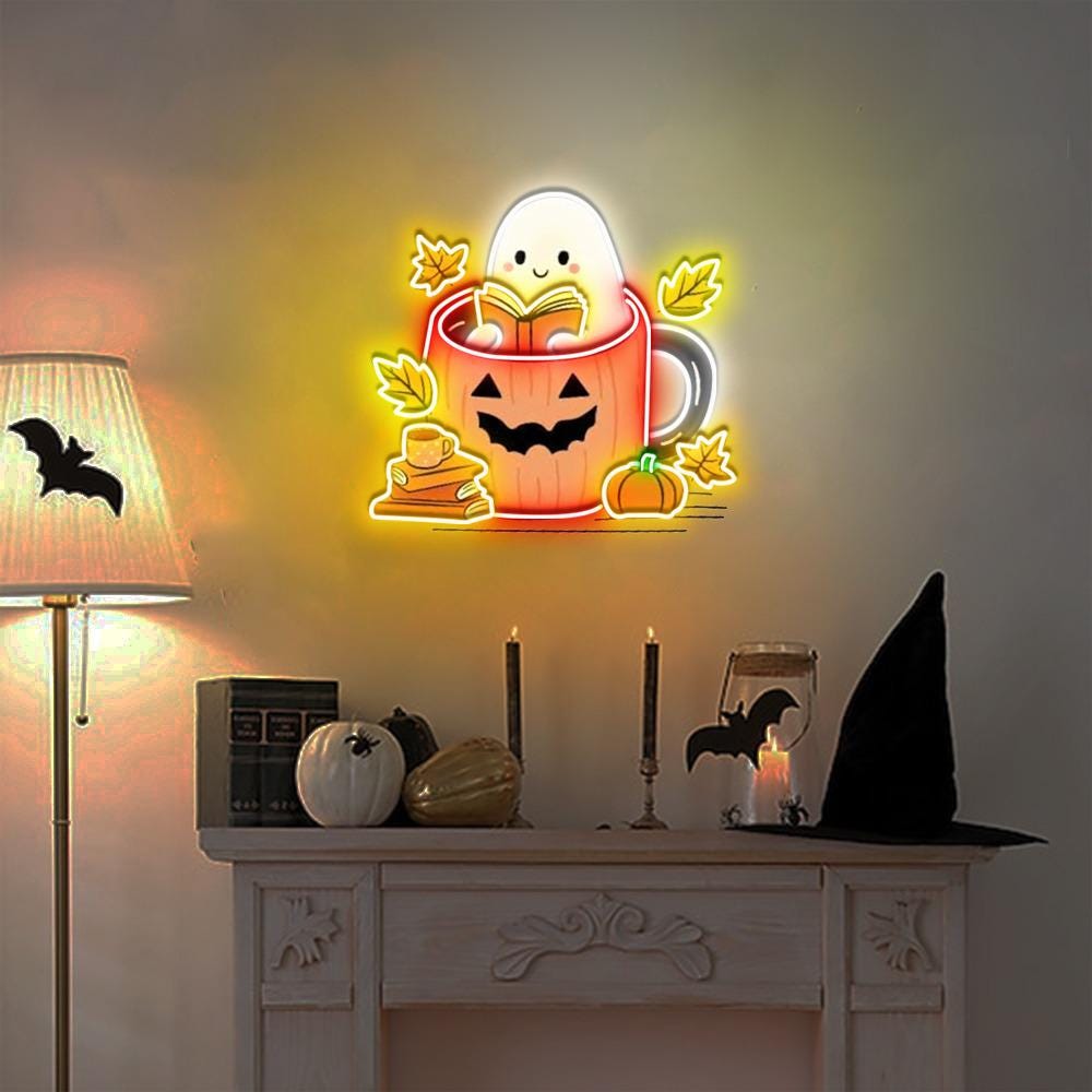 Ghosts Reading Books Neon Sign, Books Lover Ghost Gift, Cute Little Ghost Neon, Womens Halloween Neon, Spooky Season Neon, Fall Graphic Neon