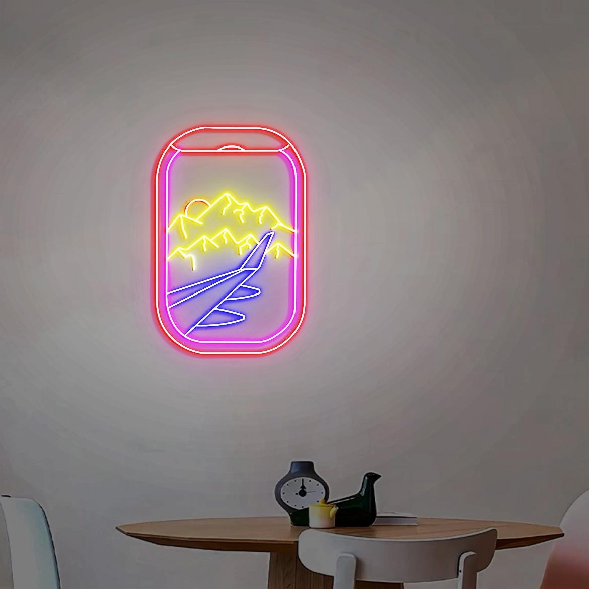 Airplane Window Neon Light, Aviation Room Wall Decor, Airplane Window Mountain Snow View, Snow Covered Mountains, Plane Window View
