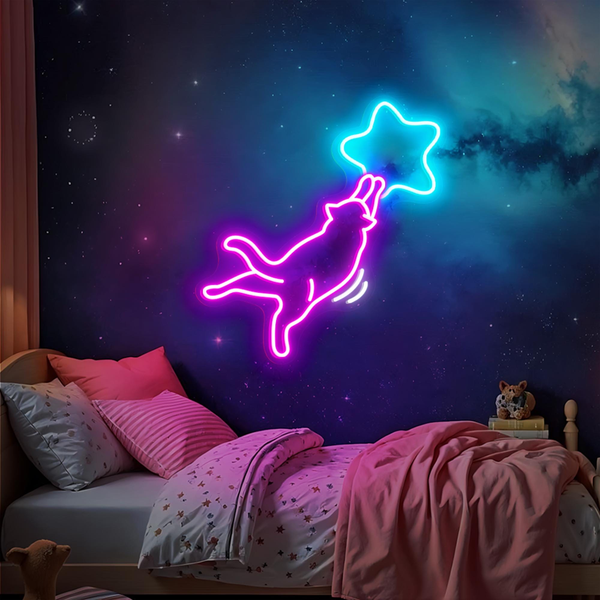 Star Cat Neon Sign, Fun LED Lights Wall Decor Gift for Kids Friends, Cute Bedroom Mood Light, Kawaii Cat Lover, Home Decor Neon Light