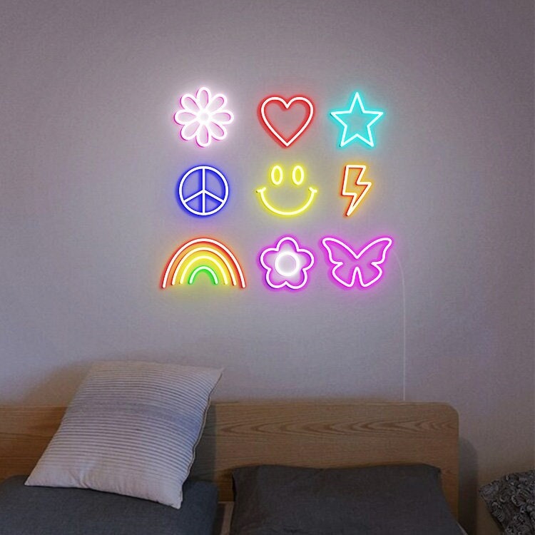 Boho Hippie, Happy Neon Sign, Retro Room Wall Decor, Groovy Decor, Daisy Flower Rainbow Lightning Bolt Star Butterfly, Retro Face Neon Sign