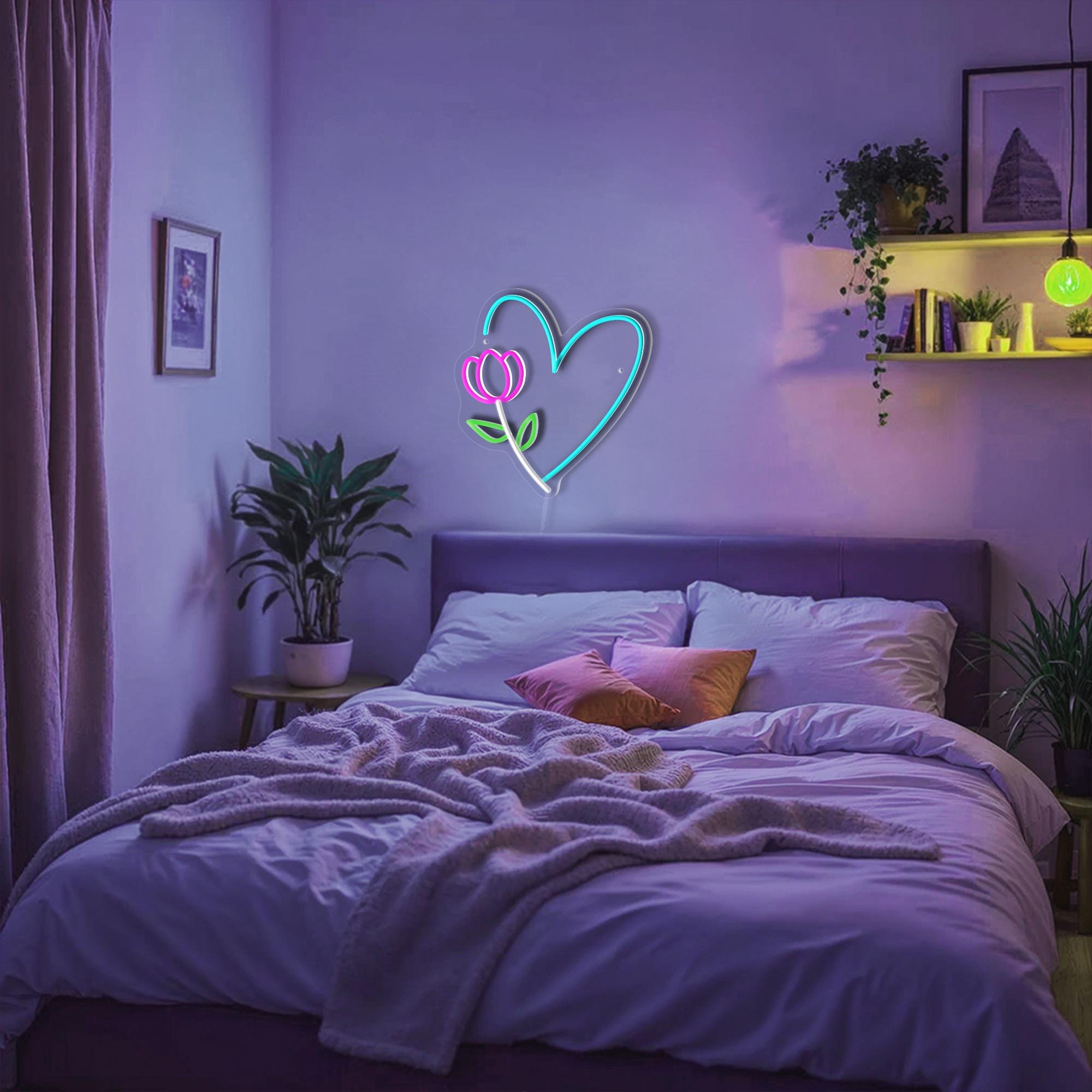 Tulip Flower and Heart Neon Sign Personalized Valentine Gift for Her Aesthetic Room Decor Mothers Day Gift Nail Salon Decor Kids Room Decor