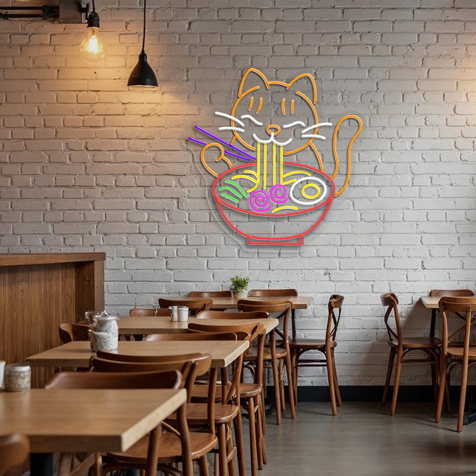 Ramen Cat Neon Sign Cute Kawaii LED Light, Japanese Noodle Shop Decor, Anime Aesthetic Wall Art, Fun Gift for Cat and Food Lovers