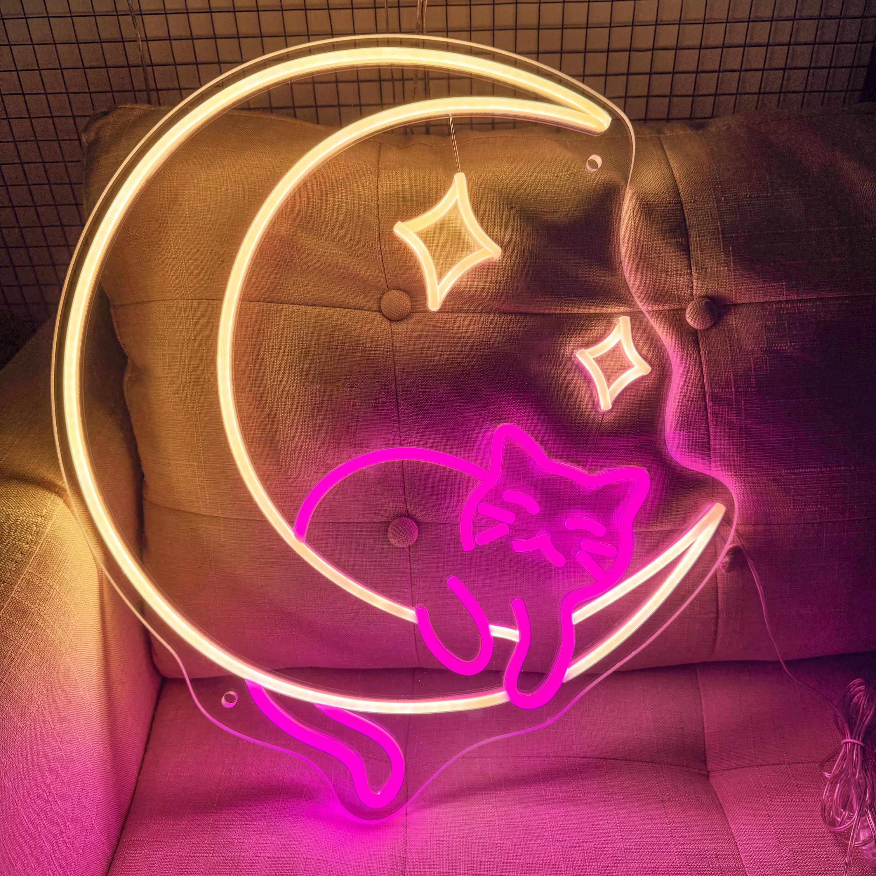 Clumsy Cat Moon Neon Sign Funny Cat Wall Art Cute Cat Led Sign Cat Moon Star Kawaii Cat Wall Art Kawaii Room Decor Girl Game Room Decoration