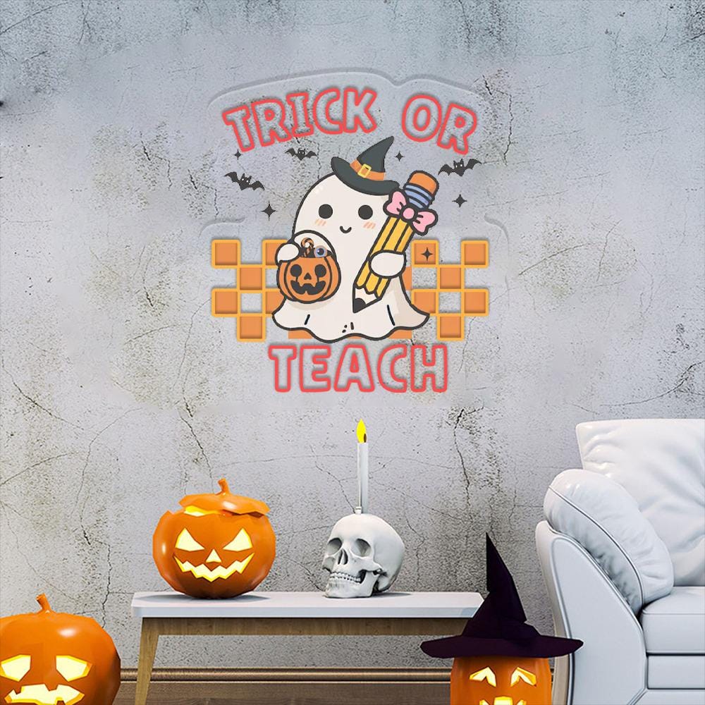Teacher Halloween Neon Sign, Books Lover Ghost Gift, Cute Little Ghost Neon, Teacher Halloween Neon, Spooky Teacher Neon, Fall Graphic Neon