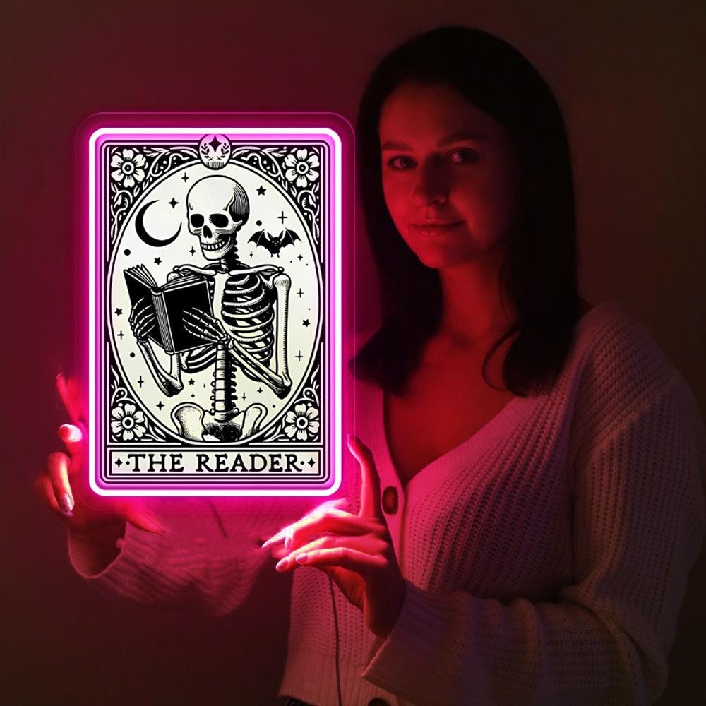 The Reader Tarot Card Neon Sign Gifts, Skeleton Reading Neon Sign, Book Lover Gift For Women, Book Lover Neon Sign, Tarot Card Neon Sign