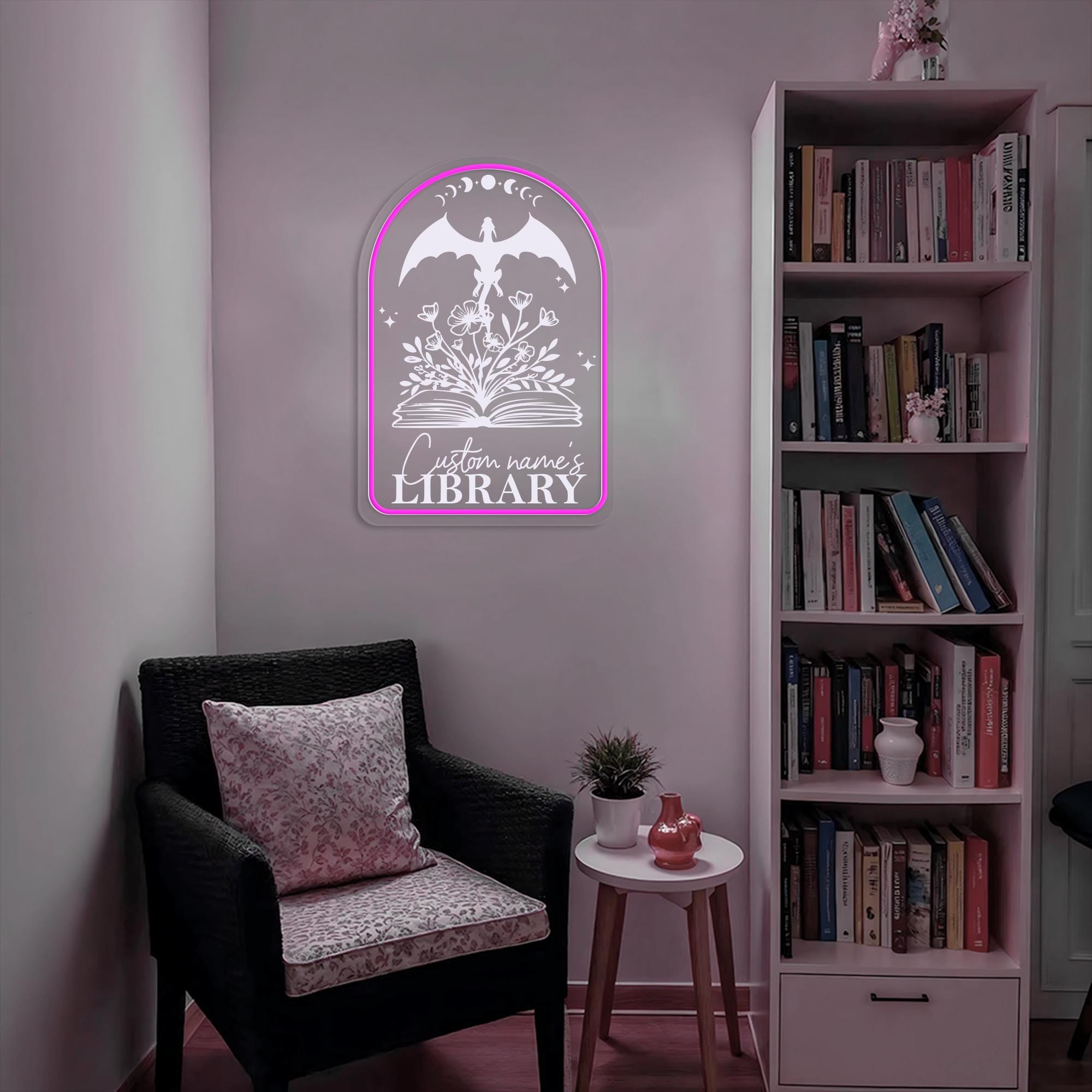 Personalized Library Name LED Neon Sign Fantasy Dragon Custom Name Book Nook Light Reading Corner Decor Gift for Book Lover & Fantasy Reader