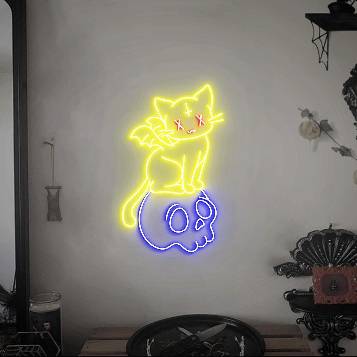 Pastel Goth Cat Neon Light, Kawaii Pastel Goth Cat Led Neon Sign, Cat on the Skull, Cute Pastel Cat for Girl, Pastel Anime Neon Sign Light