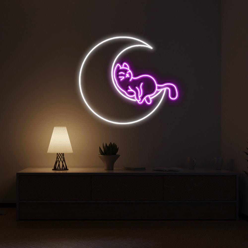 Cat on Moon Neon Sign, Moon Cat LED Wall Art, Kids Room Decor, Cat Lovers Gift, Custom Neon Cat Moon Sign, LED Neon Art, Cat Moon Gift Idea
