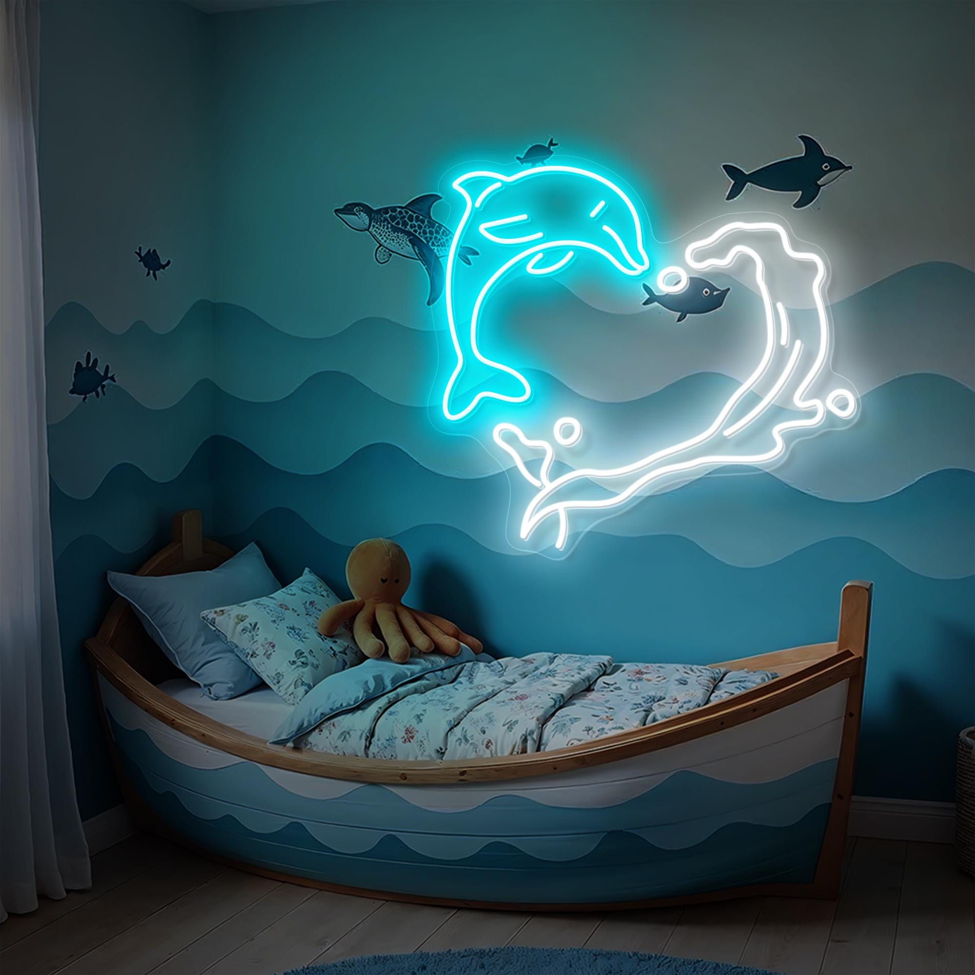 Dolphin Heart Neon Sign Ocean Wave Led Neon Light Tropical Theme Decor Coastal Inspired Wall art Gift for Kid ocean lovers Beach Bar Decor
