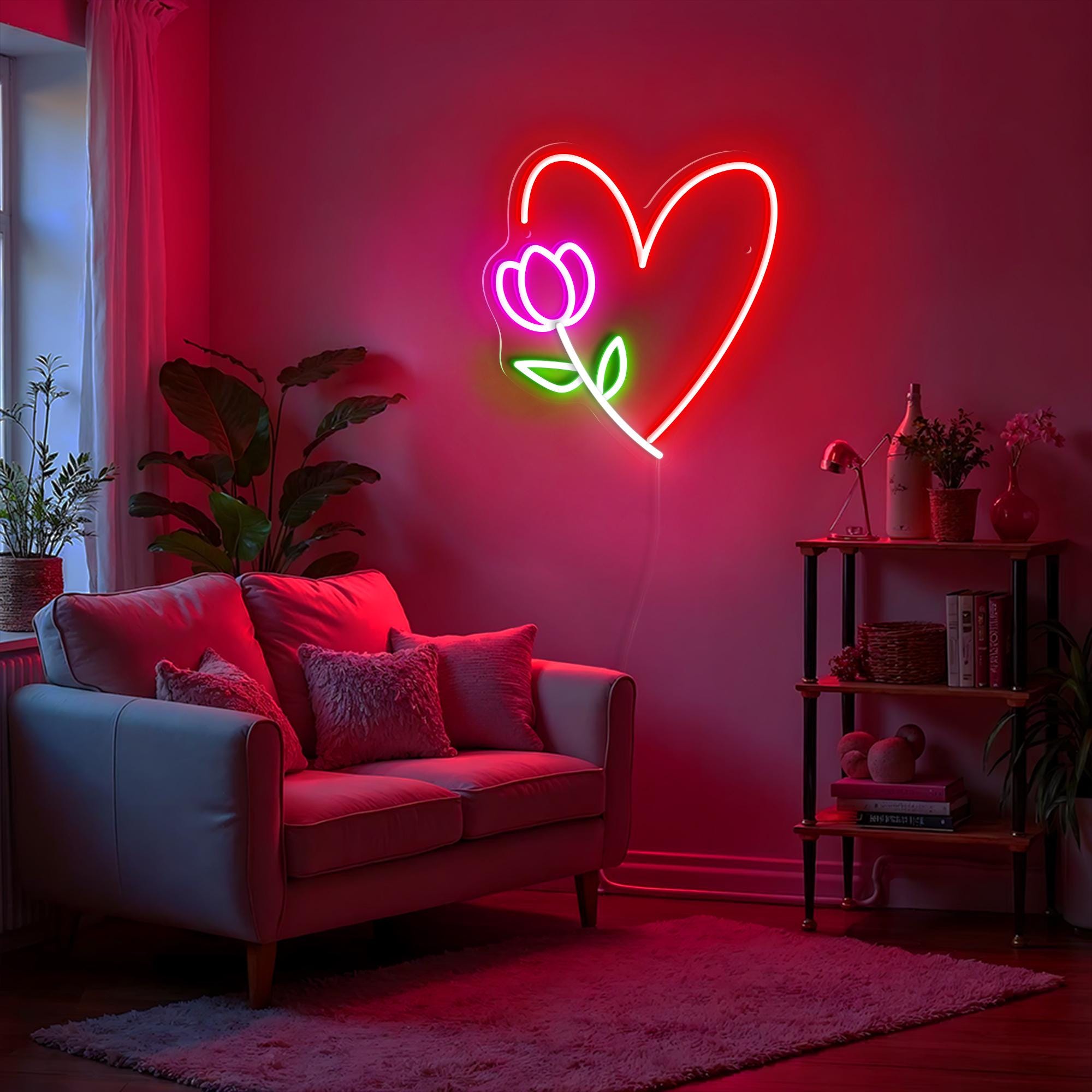 Tulip Flower and Heart Neon Sign Personalized Valentine Gift for Her Aesthetic Room Decor Mothers Day Gift Nail Salon Decor Kids Room Decor