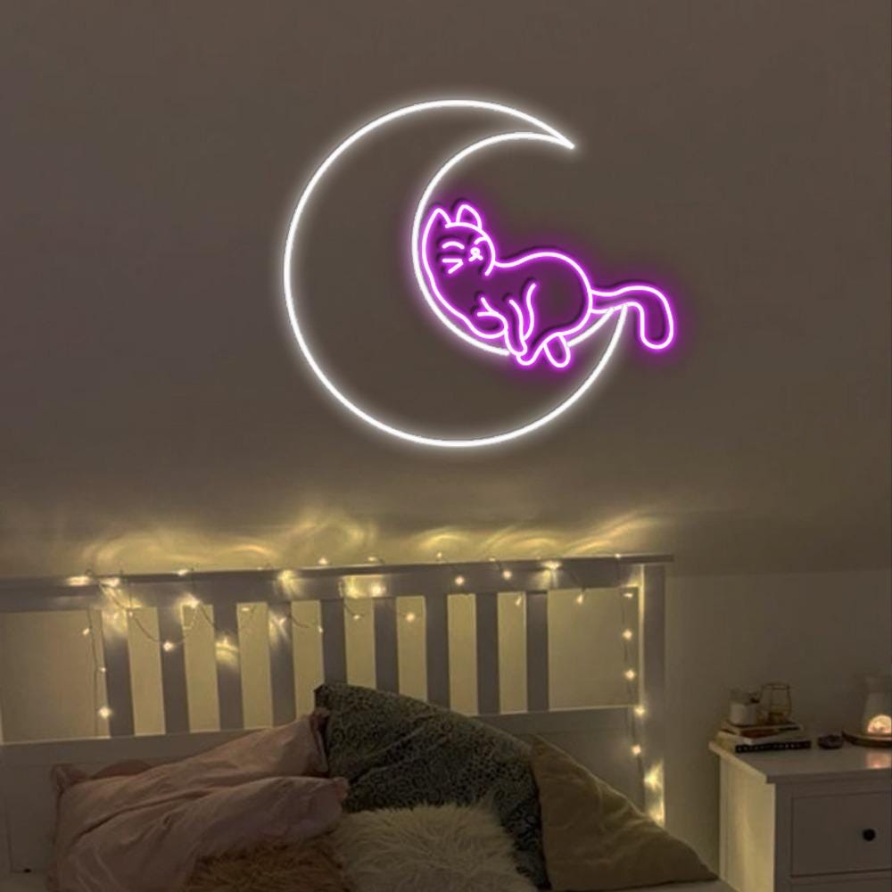 Cat on Moon Neon Sign, Moon Cat LED Wall Art, Kids Room Decor, Cat Lovers Gift, Custom Neon Cat Moon Sign, LED Neon Art, Cat Moon Gift Idea