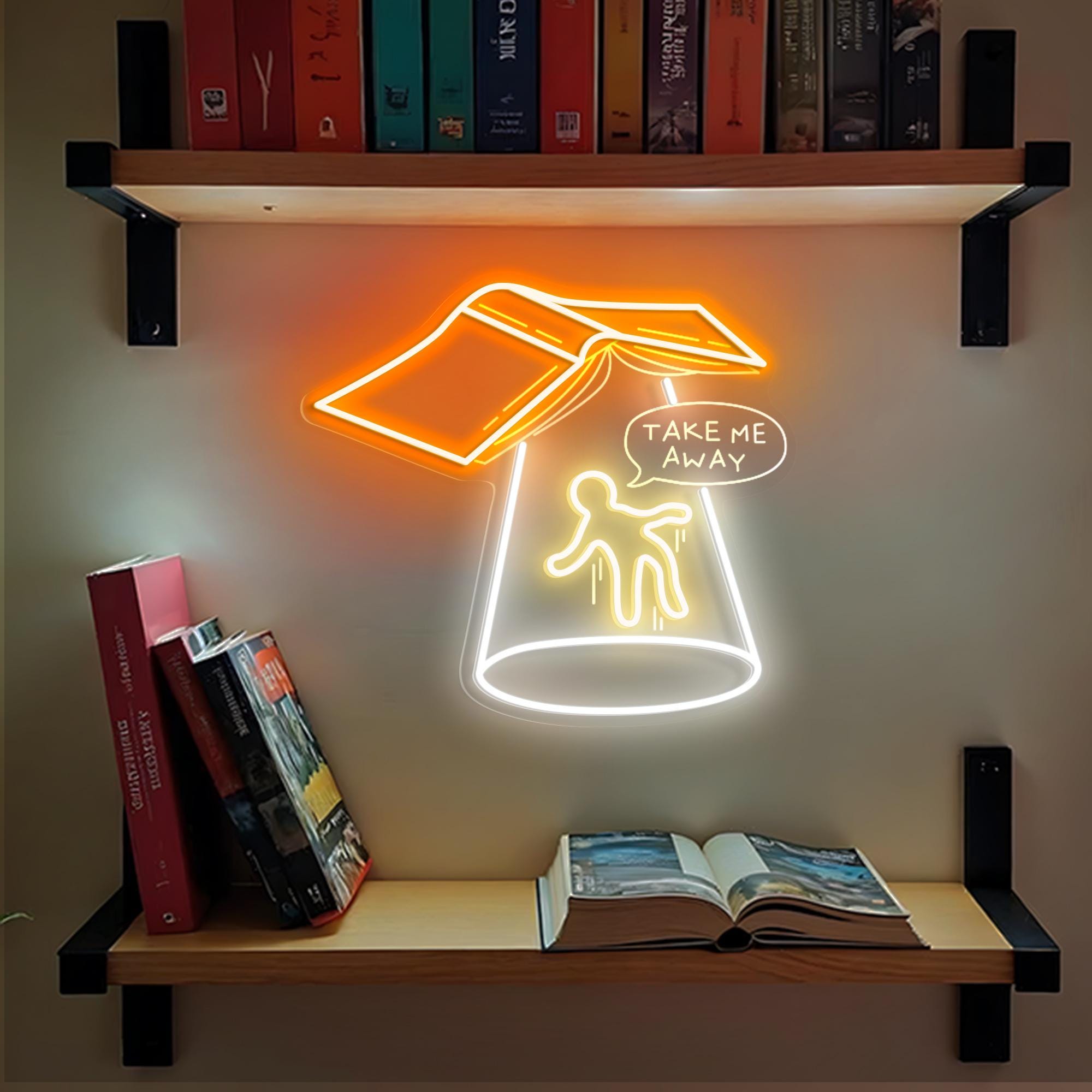 Take Me Away Sci-fi Book LED Neon Sign Gamer Room Wall Hanging, Aesthetic Library Wall Decor, Gift for Book Readers, Birthday Gifts