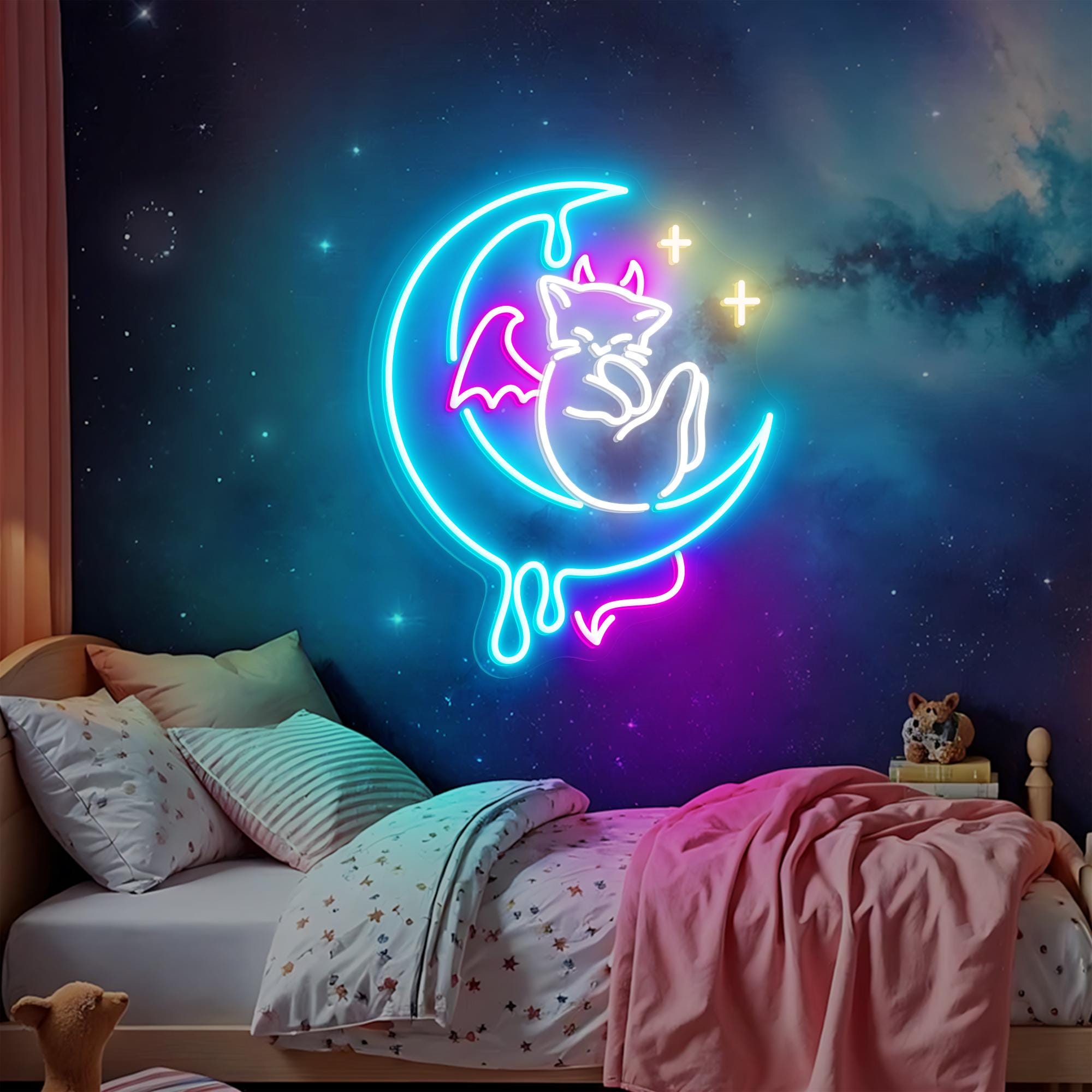 Devil Cat Moon Neon Sign Halloween Cat Neon Light Spooky Gifts Halloween Wall Art, Witchy Bedroom Decor, Anime Gothic Decor For Cat Lover