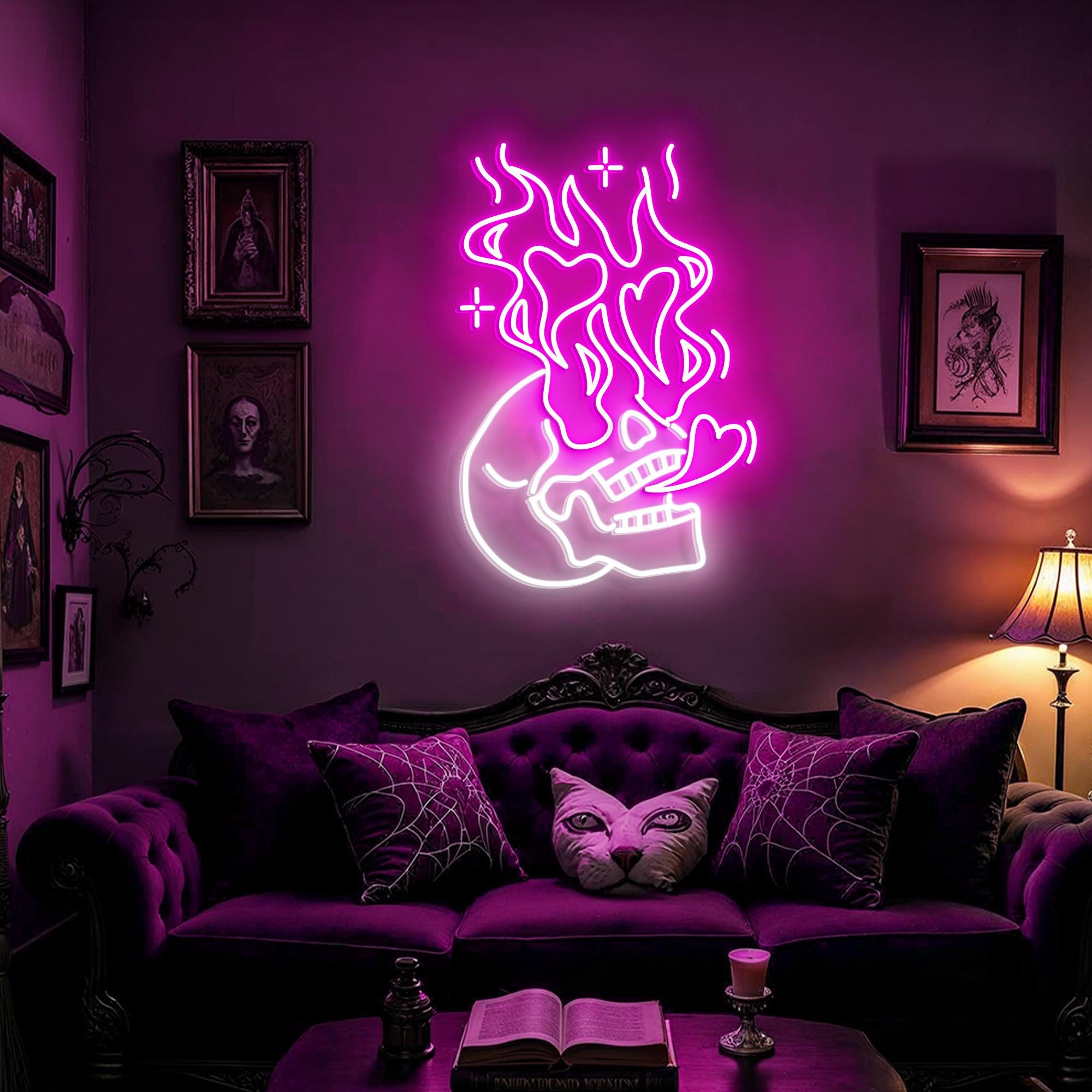 Skull Heart Fire Neon Sign Burning Heart Neon Handmade Gothic Home Decor Halloween Horror Wall Art Love Neon Light Party Sign
