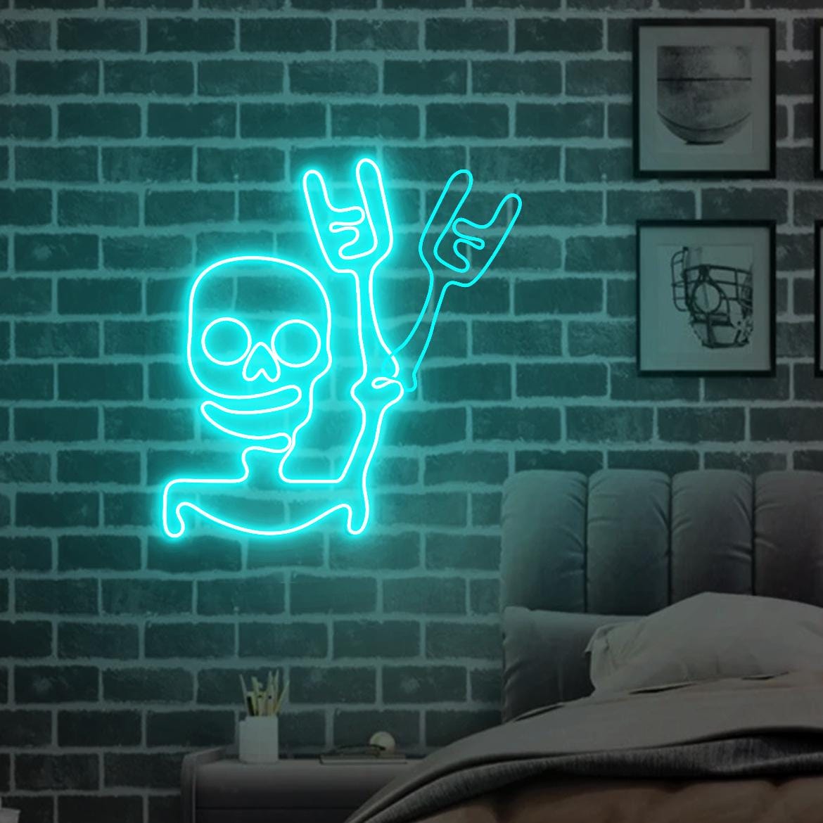 Skeleton Waving Hand Neon Sign, Halloween Skull Door Window Decorations, Funny Skull Waving Light Halloween Party Night Decor
