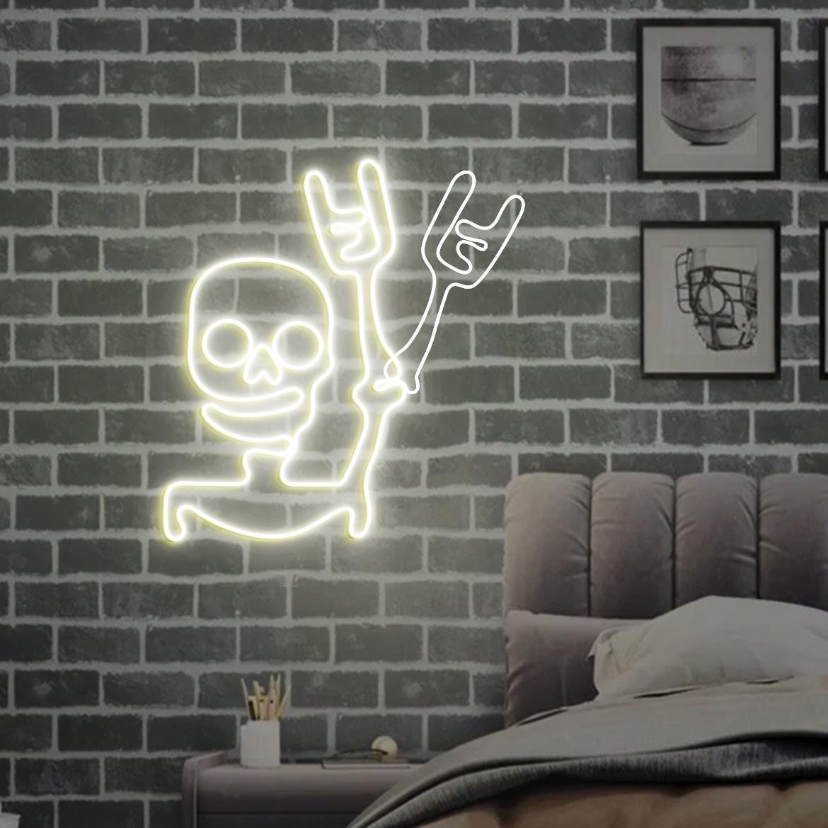 Skeleton Waving Hand Neon Sign, Halloween Skull Door Window Decorations, Funny Skull Waving Light Halloween Party Night Decor