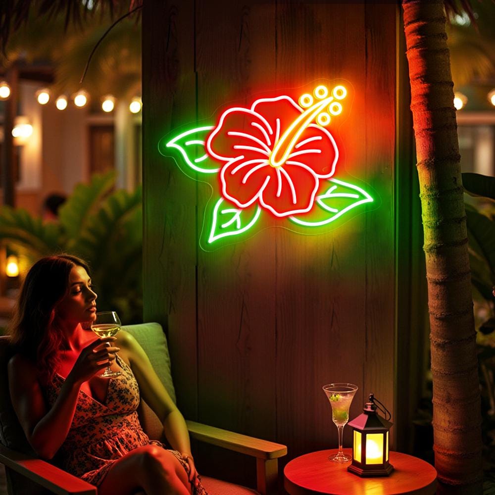 Hibiscus Neon Sign - Tropical Flower LED Wall Light for Beach Bar, Tiki Room, Hawaiian Decor, Aesthetic Bedroom, Summer Party Decor