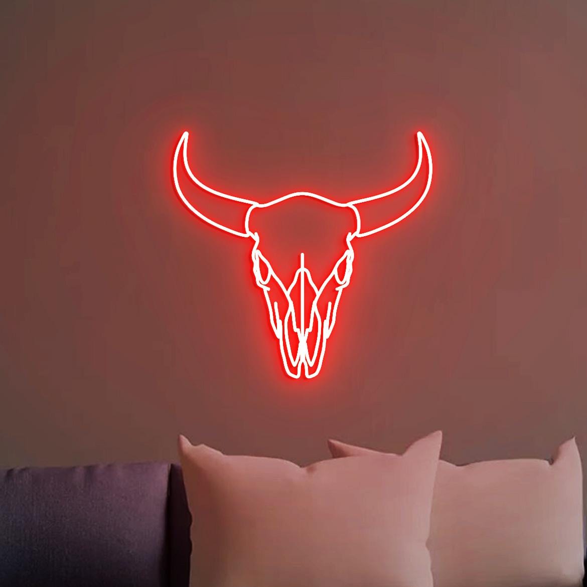 Bull Neon Sign, Bull Skull Head Art, Bull Skull Head Wall Decoration, Bull Skull Home Decor Art, Longhorn Bull Wall Decor Southwest