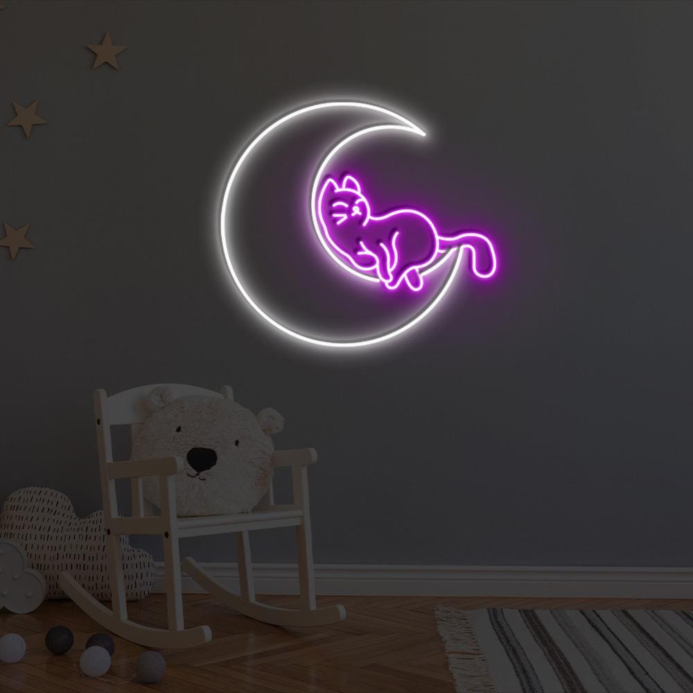 Cat on Moon Neon Sign, Moon Cat LED Wall Art, Kids Room Decor, Cat Lovers Gift, Custom Neon Cat Moon Sign, LED Neon Art, Cat Moon Gift Idea