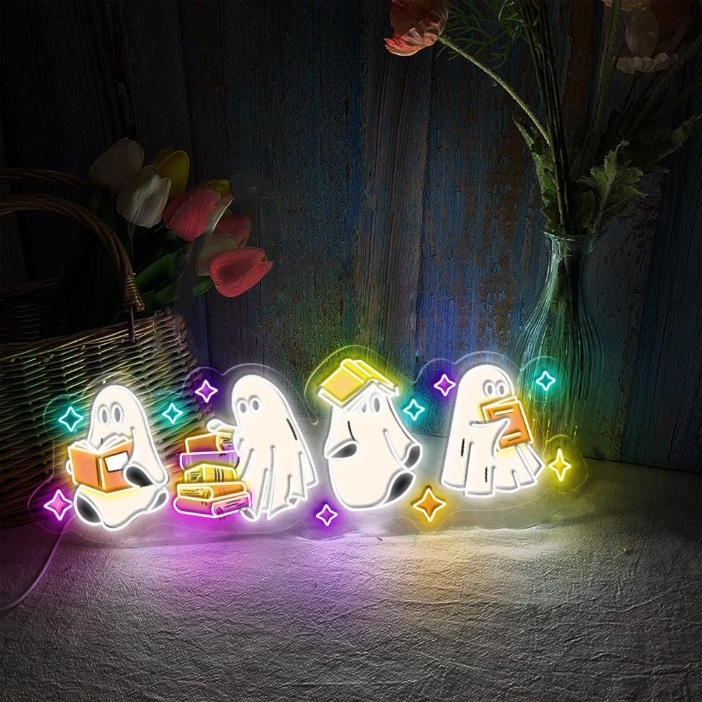 Ghosts Reading Books Neon Sign, Books Lover Ghost Gift, Cute Little Ghost Neon, Womens Halloween Neon, Spooky Season Neon, Fall Graphic Neon