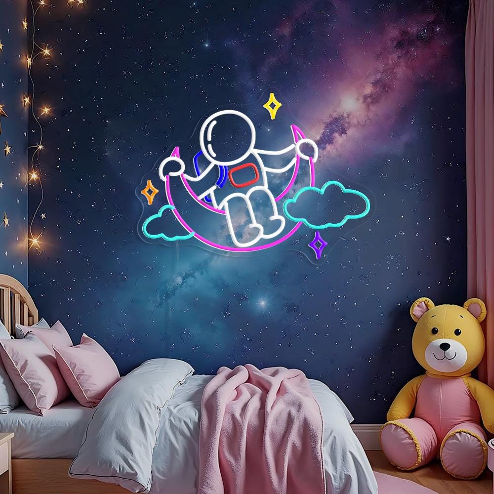 Astronaut Moon Cloud Neon Sign, Astronaut Neon Sign, Moon and Star Led Sign, Astronaut Wall Art Decor for Kids Room, Game Room Decor Sign