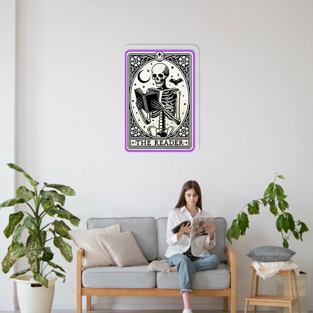 The Reader Tarot Card Neon Sign Gifts, Skeleton Reading Neon Sign, Book Lover Gift For Women, Book Lover Neon Sign, Tarot Card Neon Sign