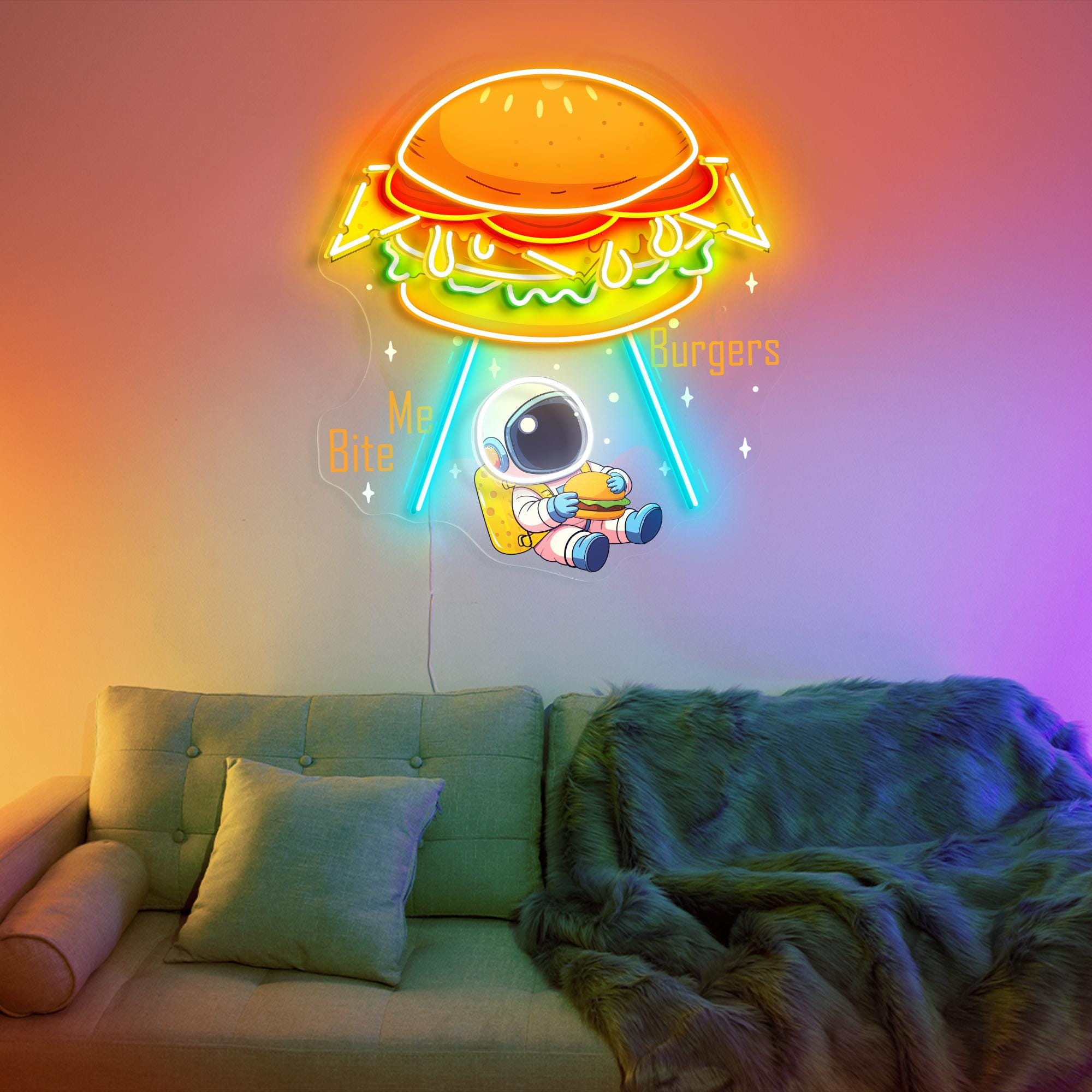 Astronaut Burger Neon Sign Business Logo Sign Custom Led Dimmable Hamburger Neon Light Up Sign Home Decor Fast Food Restaurant Decoration