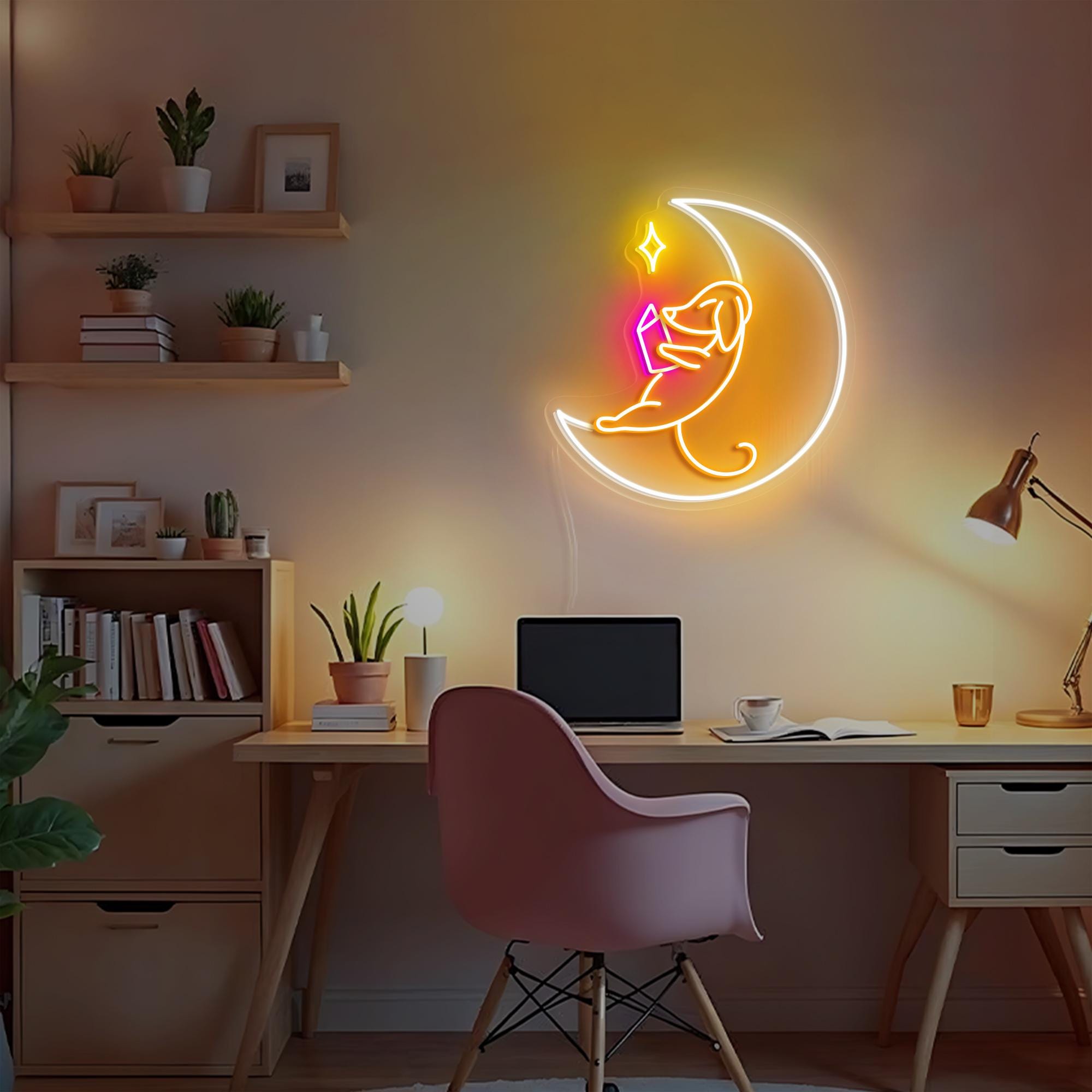 Dachshund Dog Reads Book Neon Sign Moon Neon Sign Book Lover Gift Pet Lover Gift Idea for Kids Personalized Gift Kid Room Decor