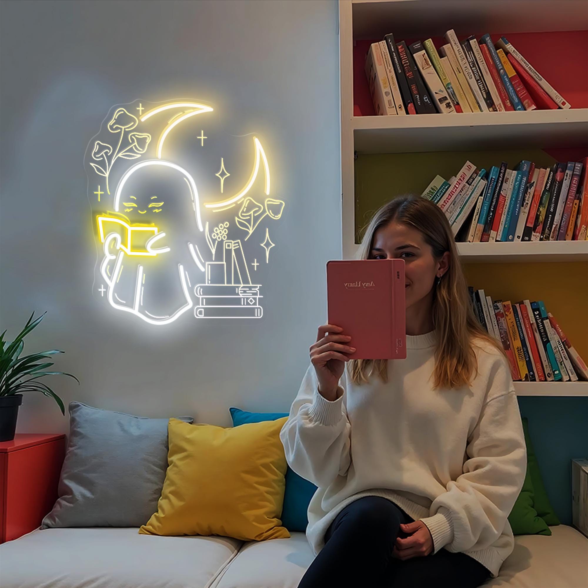 Ghost Reading Book Neon Light Boo Reading Books Bedroom Neon Sign Bedroom Neon Lights Led Neon Light Wall Decoration Neon Sign Light Decor