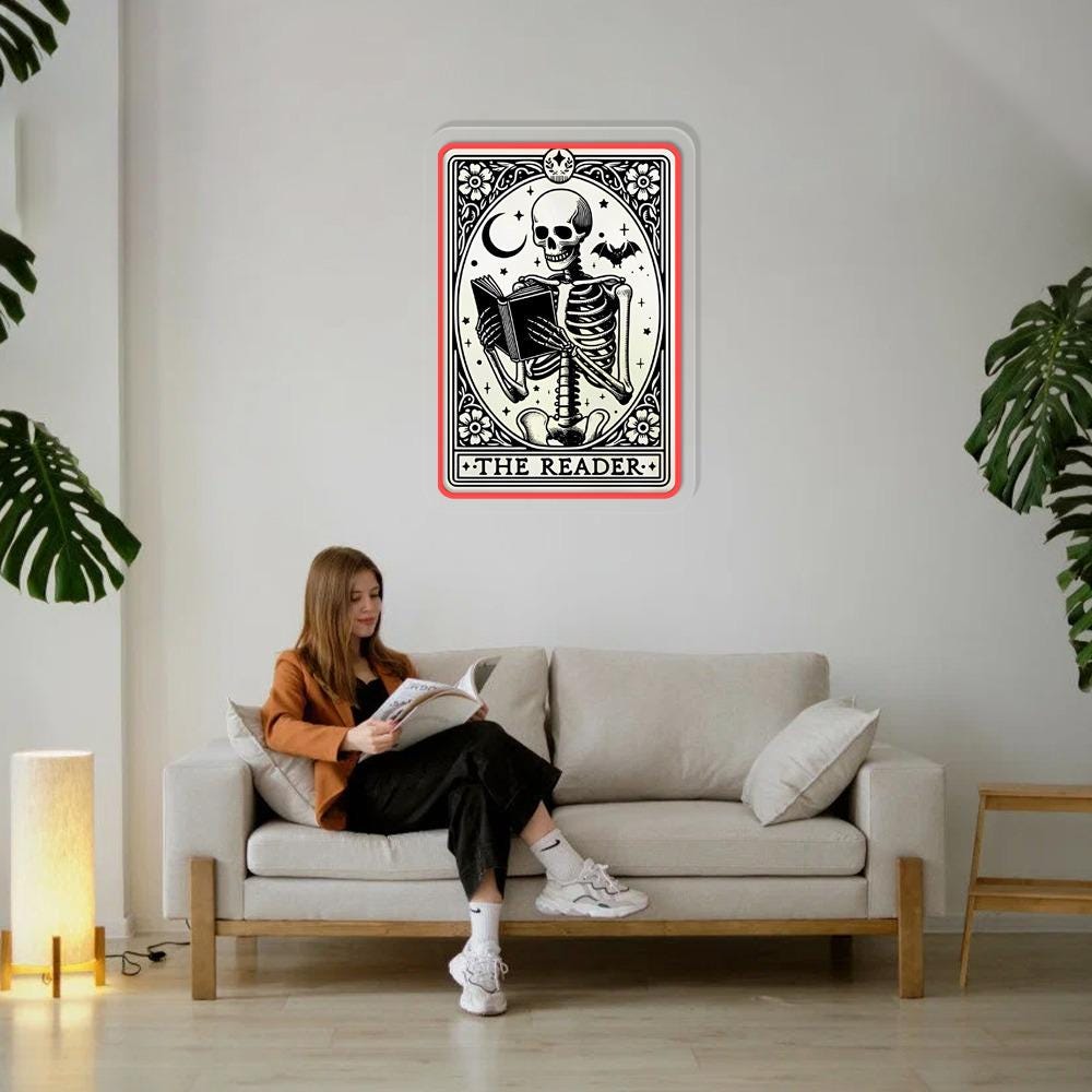 The Reader Tarot Card Neon Sign Gifts, Skeleton Reading Neon Sign, Book Lover Gift For Women, Book Lover Neon Sign, Tarot Card Neon Sign