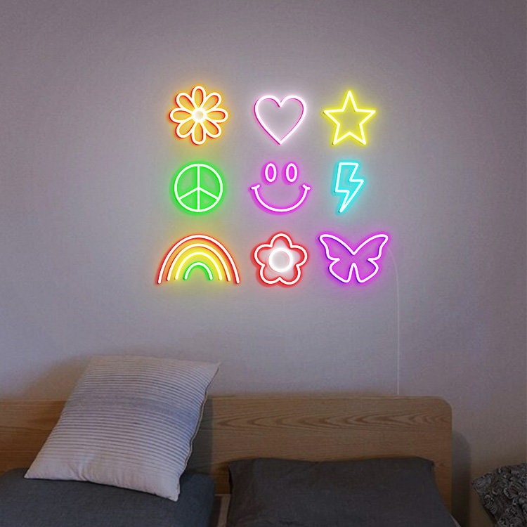 Boho Hippie, Happy Neon Sign, Retro Room Wall Decor, Groovy Decor, Daisy Flower Rainbow Lightning Bolt Star Butterfly, Retro Face Neon Sign