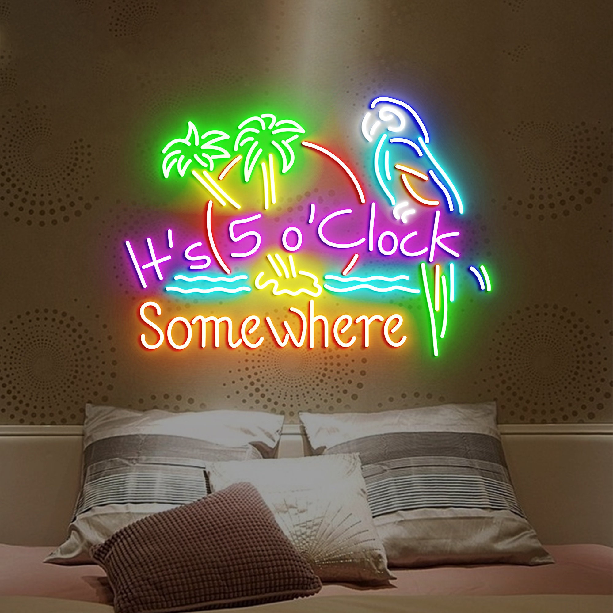 It's 5 O'clock Somewhere Neon Sign, Bar Led Sign, Parrot Neon Light, Beach Neon Sign, Cocktail Bar Sign, Tiki Bar Logo Neon Sign