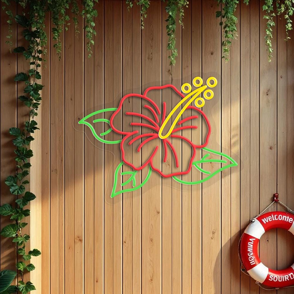 Hibiscus Neon Sign - Tropical Flower LED Wall Light for Beach Bar, Tiki Room, Hawaiian Decor, Aesthetic Bedroom, Summer Party Decor