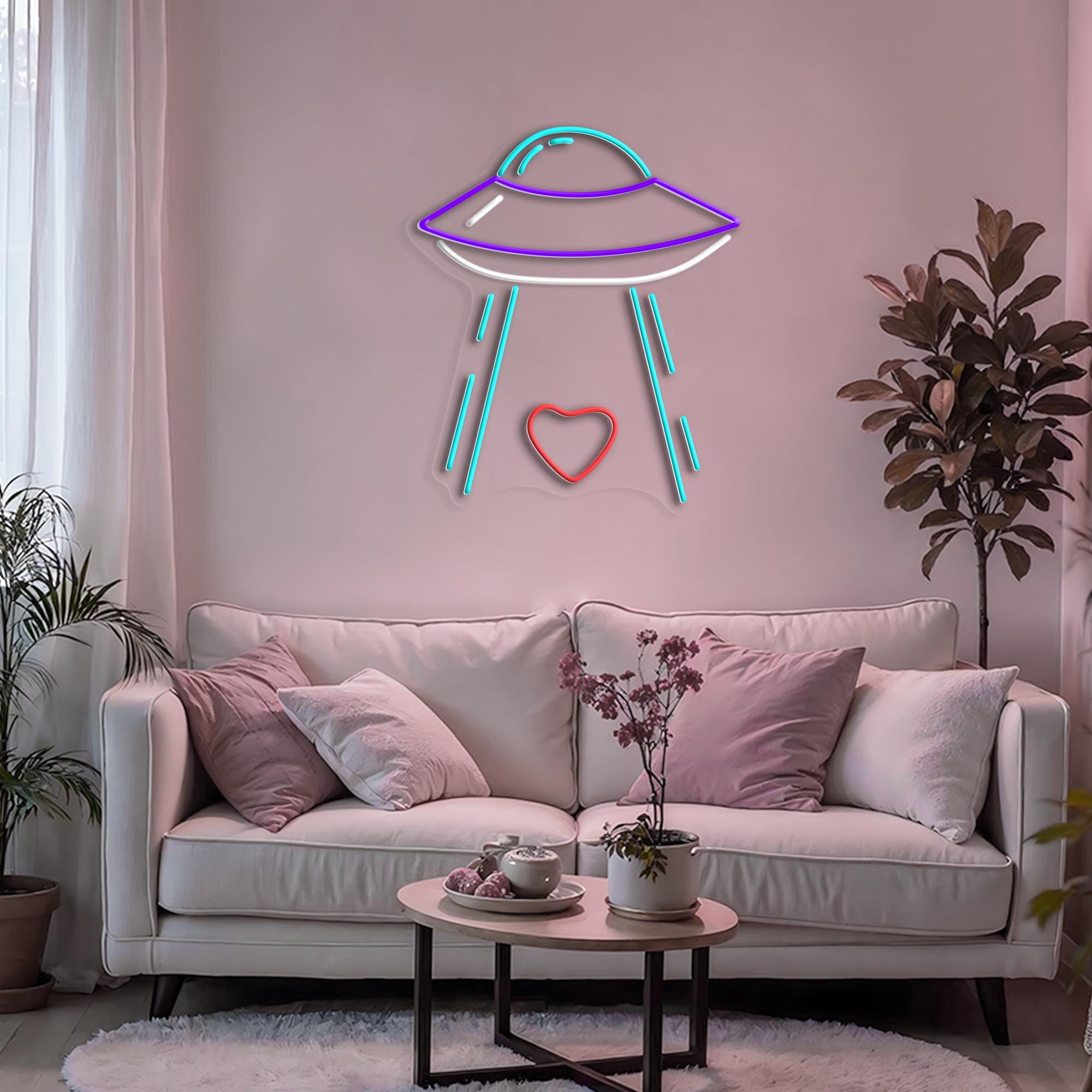 Heart with Spaceship Neon Sign UFO Neon Light for Wall Art Valentines gift for space lovers Modern Sci-fi Man Cave Decor Gift Bedroom Decor