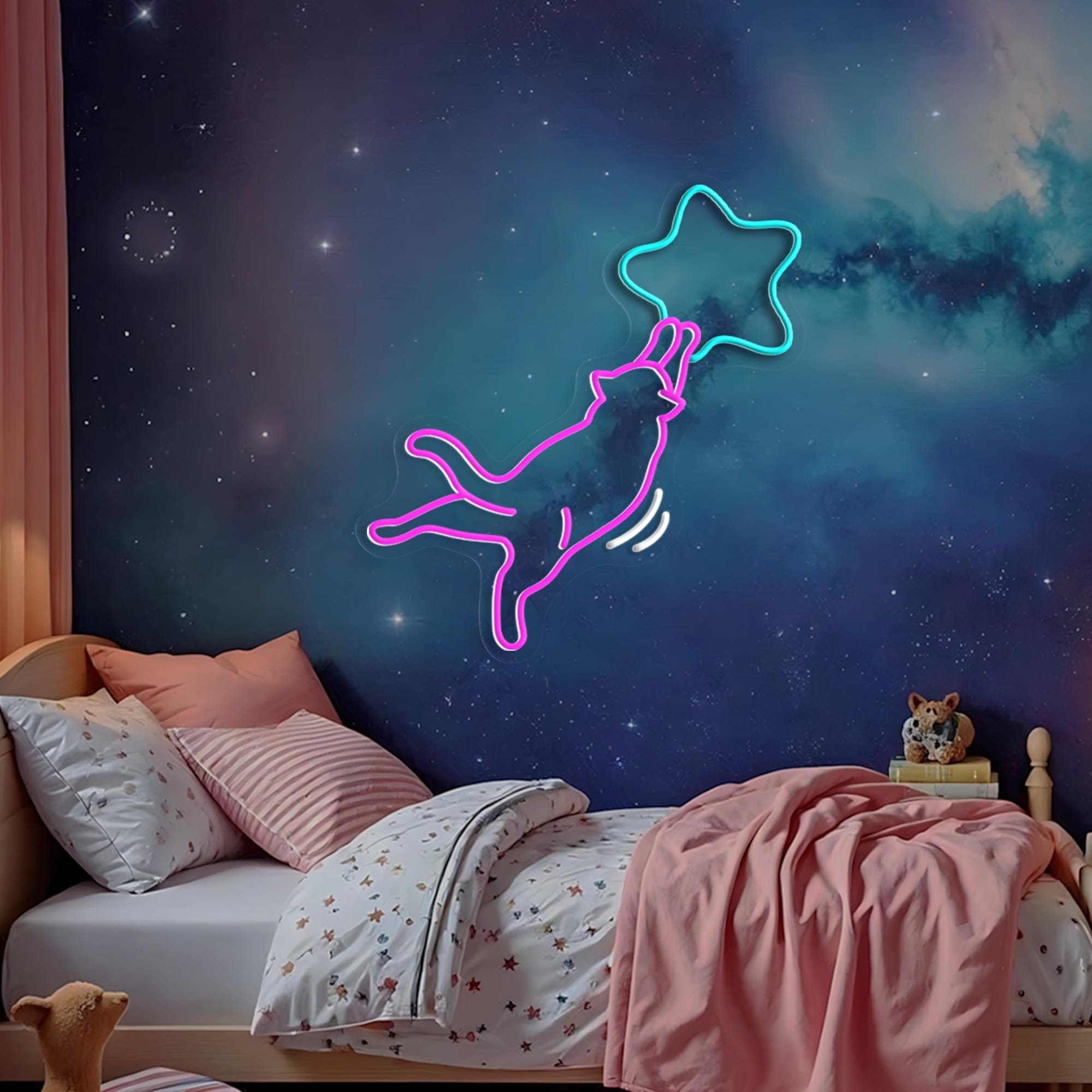 Star Cat Neon Sign, Fun LED Lights Wall Decor Gift for Kids Friends, Cute Bedroom Mood Light, Kawaii Cat Lover, Home Decor Neon Light