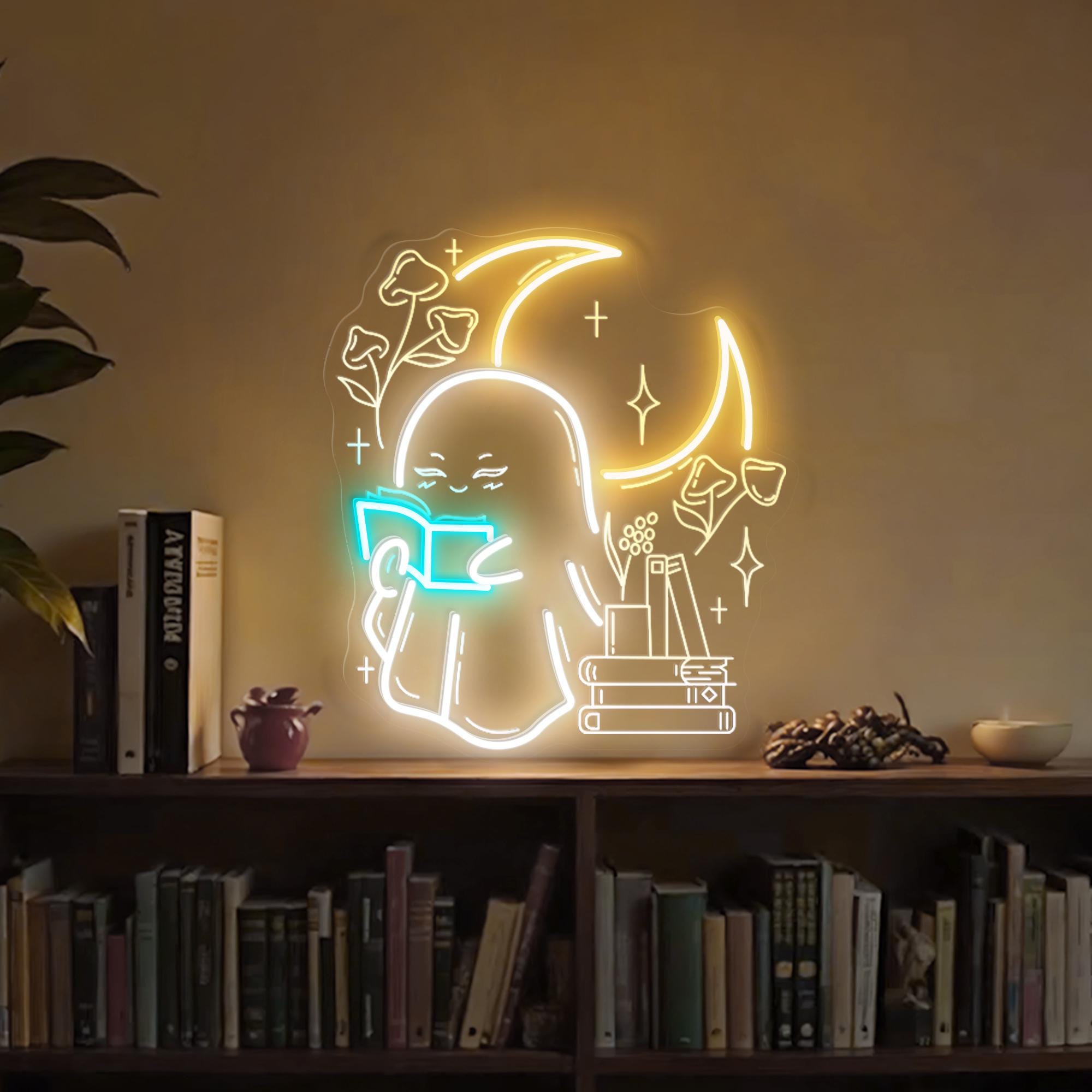 Ghost Reading Book Neon Light Boo Reading Books Bedroom Neon Sign Bedroom Neon Lights Led Neon Light Wall Decoration Neon Sign Light Decor
