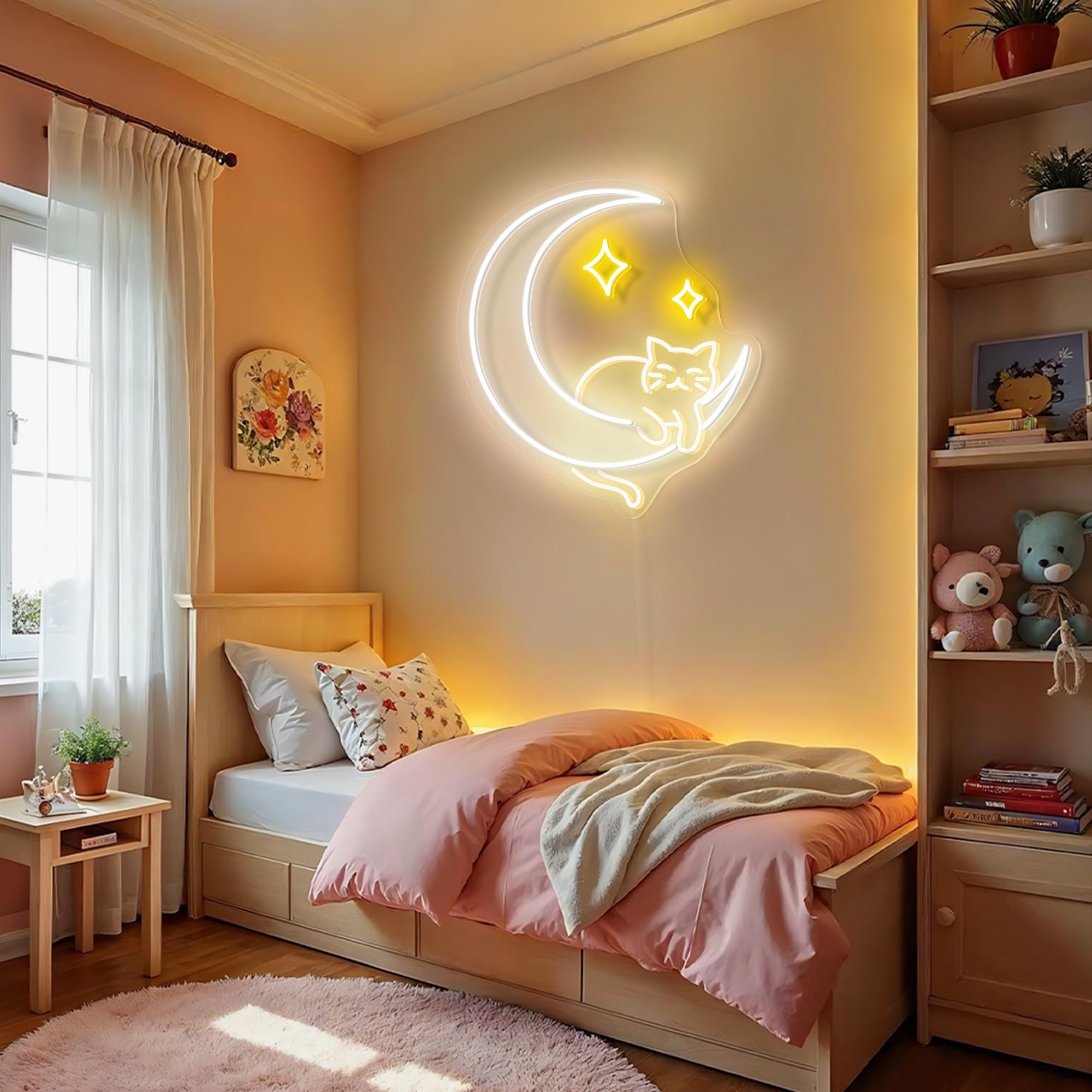 Clumsy Cat Moon Neon Sign Funny Cat Wall Art Cute Cat Led Sign Cat Moon Star Kawaii Cat Wall Art Kawaii Room Decor Girl Game Room Decoration