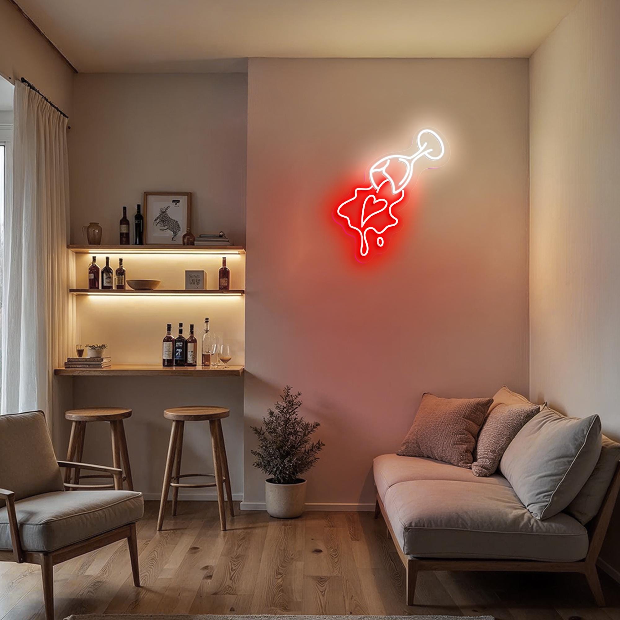 Spilled Wine with Heart Neon Sign Aesthetic Bar LED Light, Wine Glass Wall Art, Cocktail Lounge Decor, Home Bar Sign, Gift for Wine Lovers