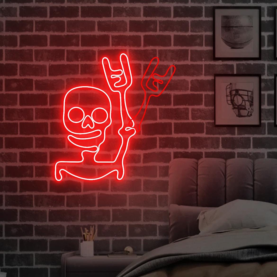 Skeleton Waving Hand Neon Sign, Halloween Skull Door Window Decorations, Funny Skull Waving Light Halloween Party Night Decor
