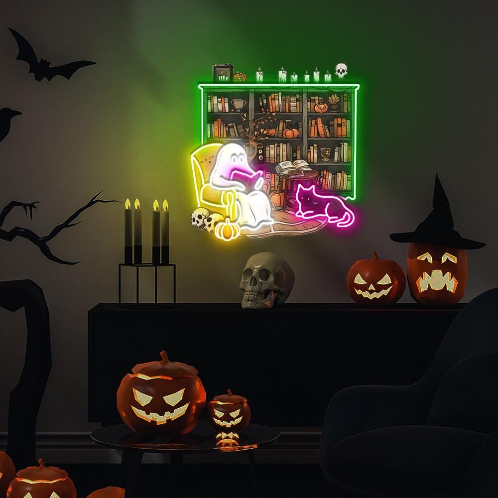 Ghosts Reading Books Neon Sign, Books Lover Ghost Gift, Cute Little Ghost Neon, Librarian Ghost Halloween, Spooky Season Neon, Teacher Gifts