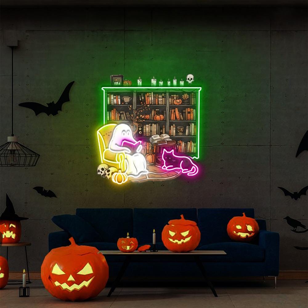 Ghosts Reading Books Neon Sign, Books Lover Ghost Gift, Cute Little Ghost Neon, Librarian Ghost Halloween, Spooky Season Neon, Teacher Gifts
