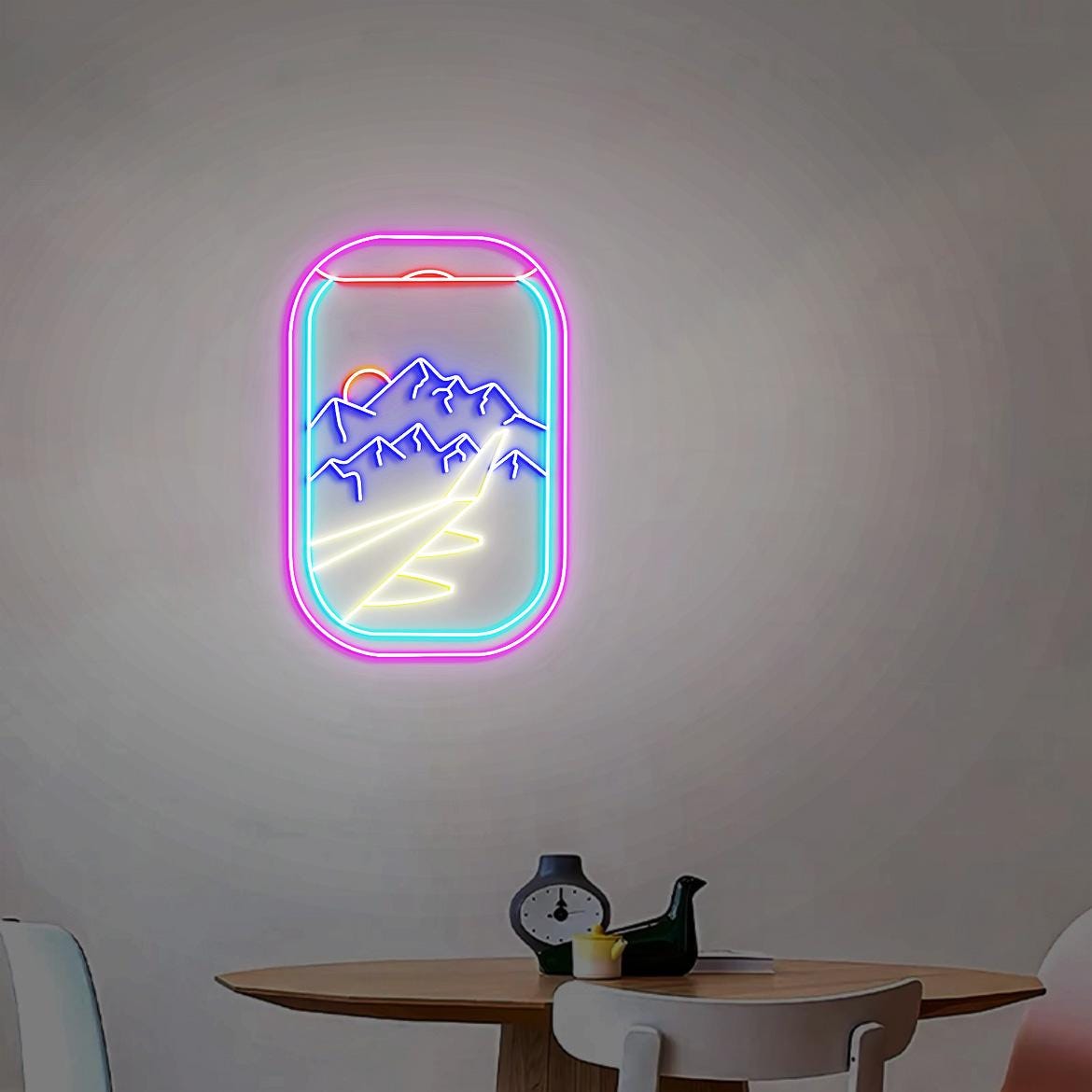 Airplane Window Neon Light, Aviation Room Wall Decor, Airplane Window Mountain Snow View, Snow Covered Mountains, Plane Window View
