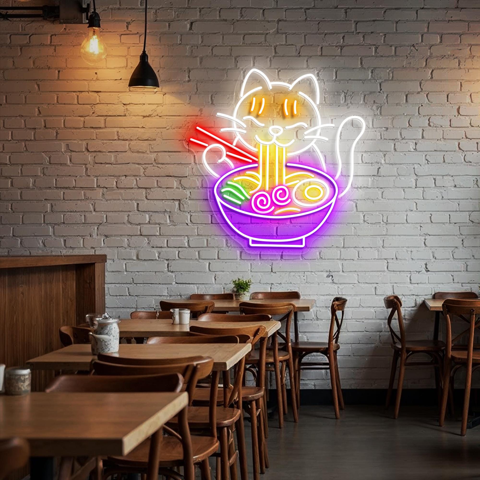 Ramen Cat Neon Sign Cute Kawaii LED Light, Japanese Noodle Shop Decor, Anime Aesthetic Wall Art, Fun Gift for Cat and Food Lovers