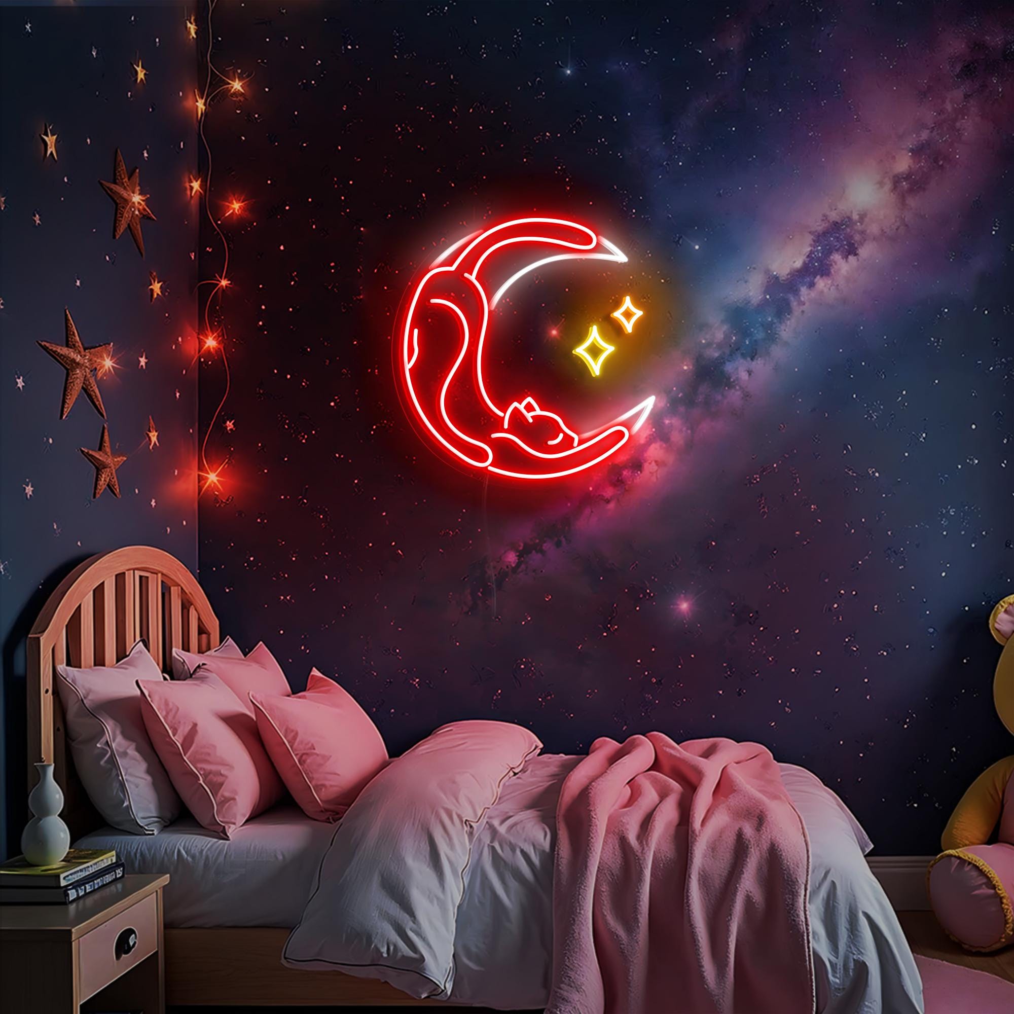 Lazy Cat on Moon Neon Sign Moon Cat Wall Art Kids Room Decor Cat Lovers Gift for Her Custom Neon Sign LED Neon Art Cat Moon Gift Idea